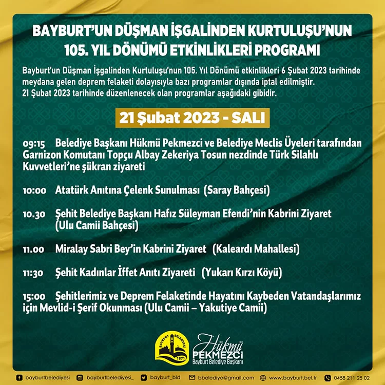 Bayburt 21 Şubat Kurtuluş Günü Program Saatleri Belli Oldu