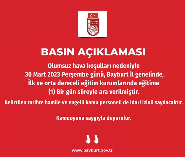 Okullar Perşembe Günü Tatil Edildi