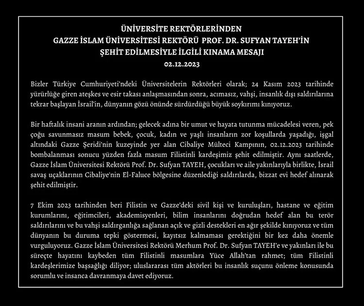 Üniversite Rektörleri, Gazze İslâm Üniversitesi Rektörünün Şehit Edilmesini Kınadı