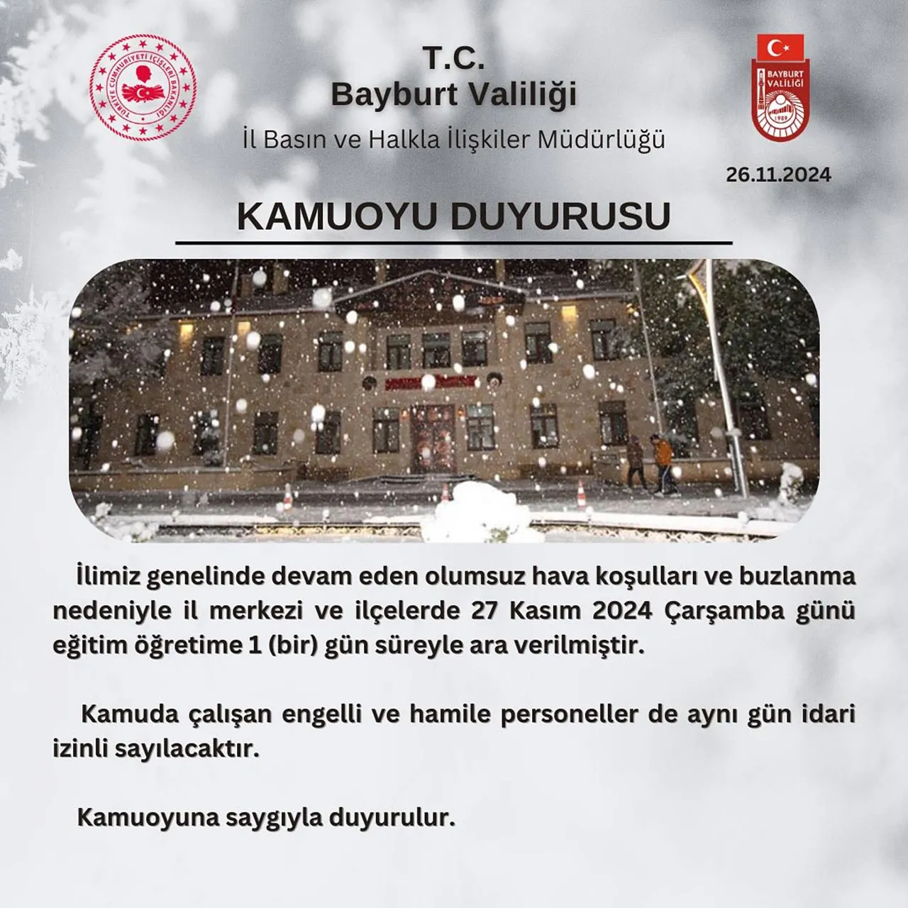 Bayburt'ta Eğitim Öğretime Bir Gün Daha Ara Verildi, İşte Detaylar
