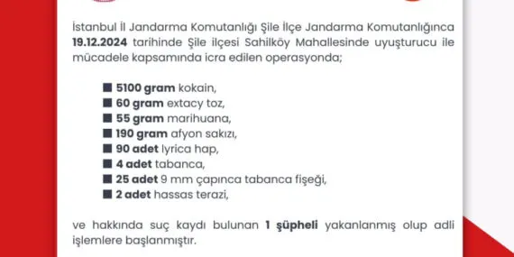 Şile’de Jandarmadan uyuşturucu operasyonu: Bir gözaltı!