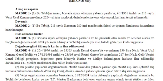 2024 yılına ilişkin esas kurlar 'Resmi'leşti haberi