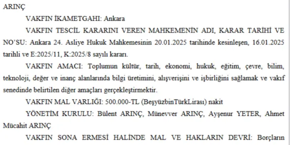 Arınç ailesinden 'Etik Değerler Vakfı' haberi