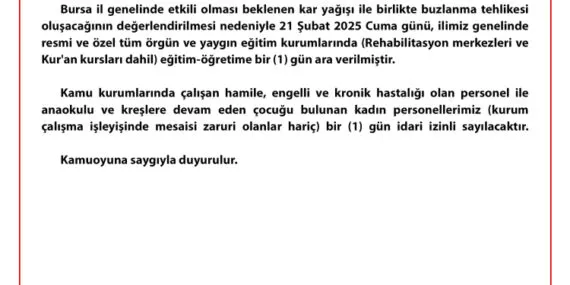 Bursa'da tüm okullar 21 Şubat'ta tatil! haberi