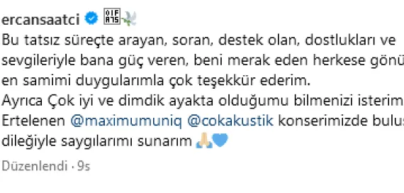 Adli kontrol şartıyla serbest olan Ercan Saatçi'den ilk paylaşım haberi