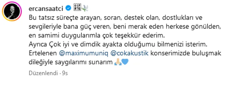 Adli kontrol şartıyla serbest olan Ercan Saatçi'den ilk paylaşım haberi