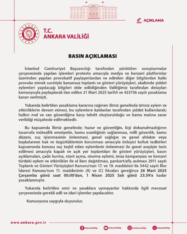 Ankara Valiliği yasak süresini uzattı haberi