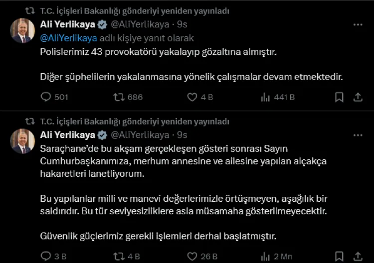 Bakan Yerlikaya: 43 provokatör gözaltında!... Küfür sonrası 'Özel' paylaşım haberi