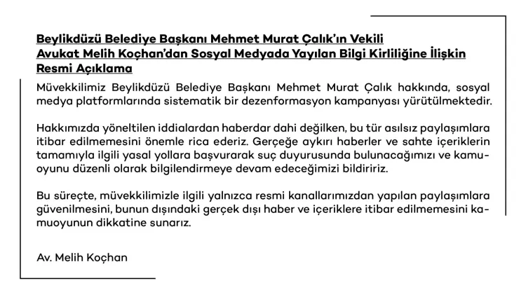 Beylikdüzü Belediye Başkanı Çalık'tan 'bilgi kirliliği' açıklaması haberi