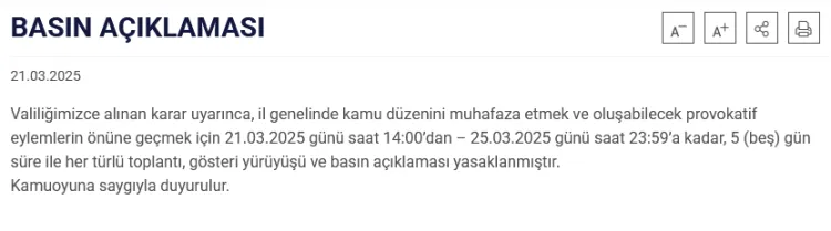 Bir yasak kararı da Manisa Valiliği'nden geldi haberi
