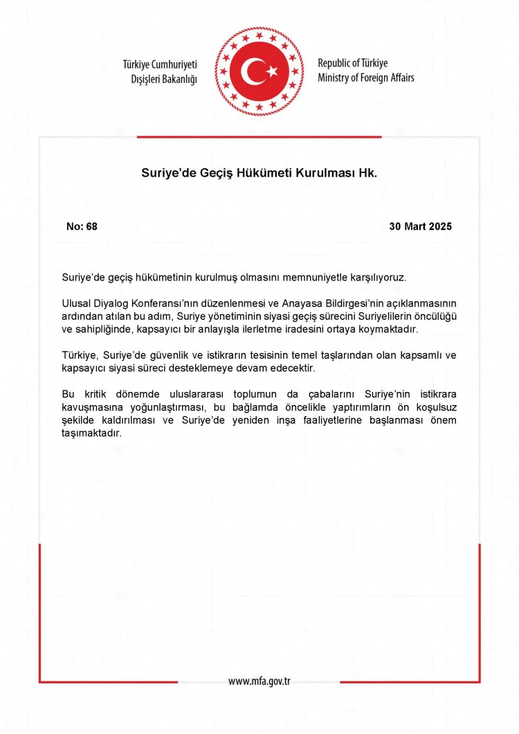 Dışişleri'nden 'Suriye Hükümeti' mesajı haberi