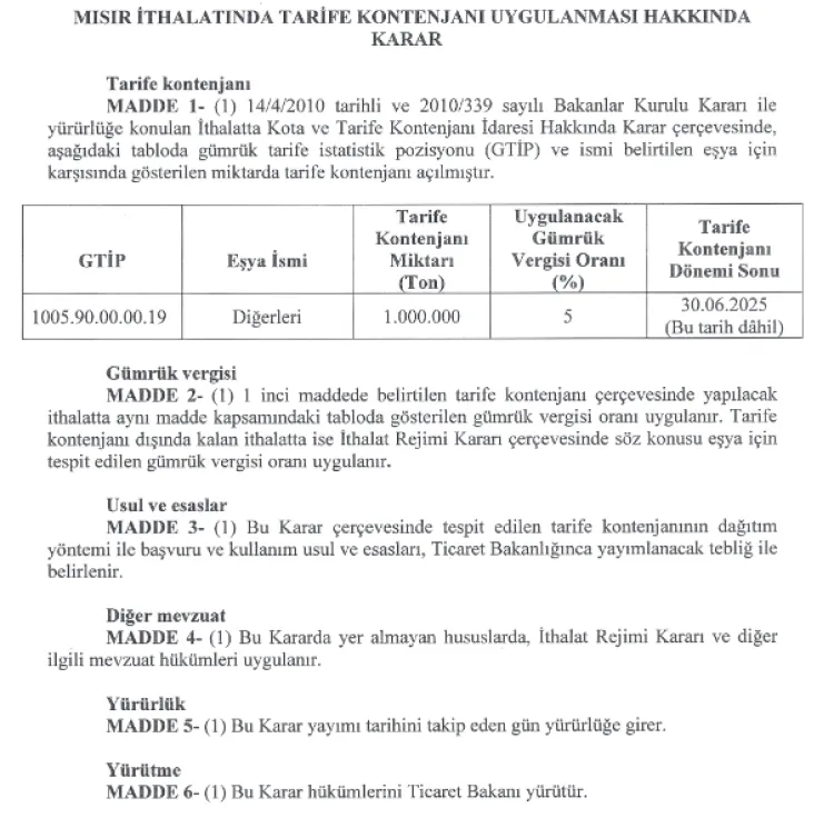 Mısır ithalatına sınırlı kontenjan! haberi