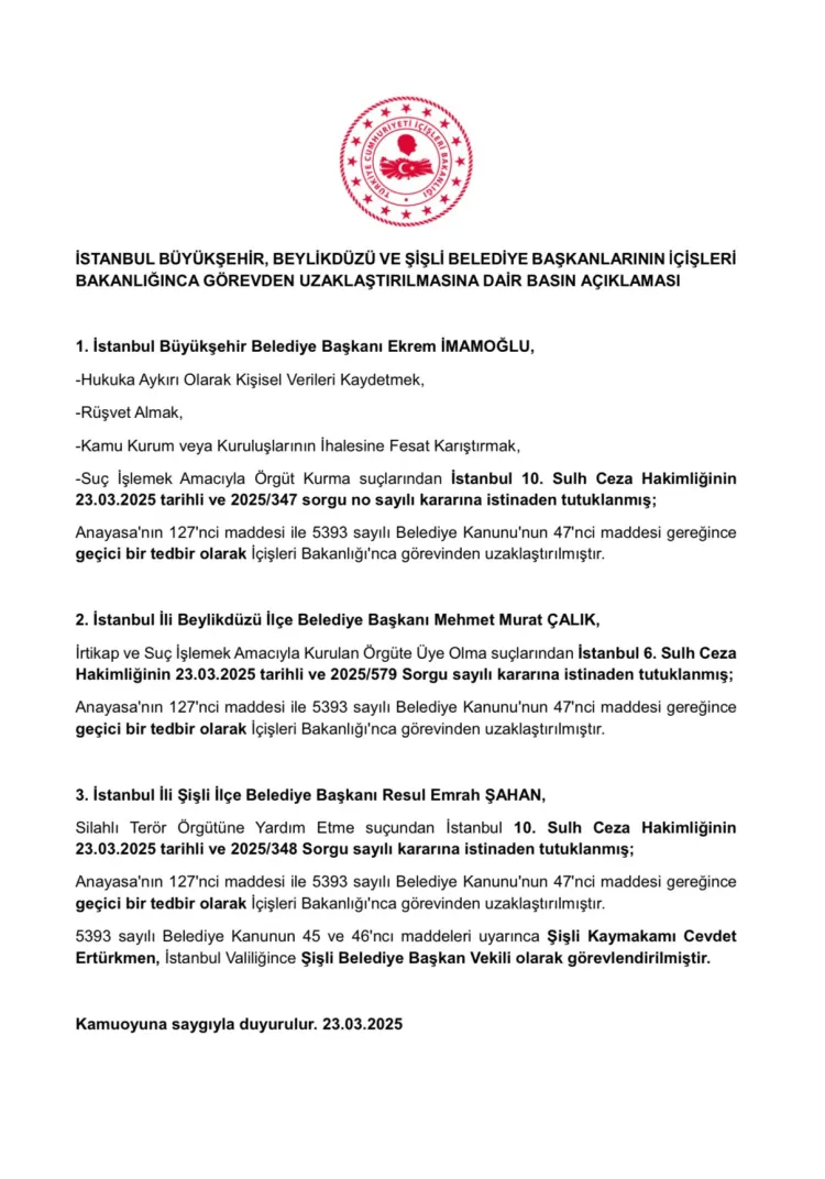 Üç başkan görevden uzaklaştırıldı! Şişli'ye kayyum atandı! haberi