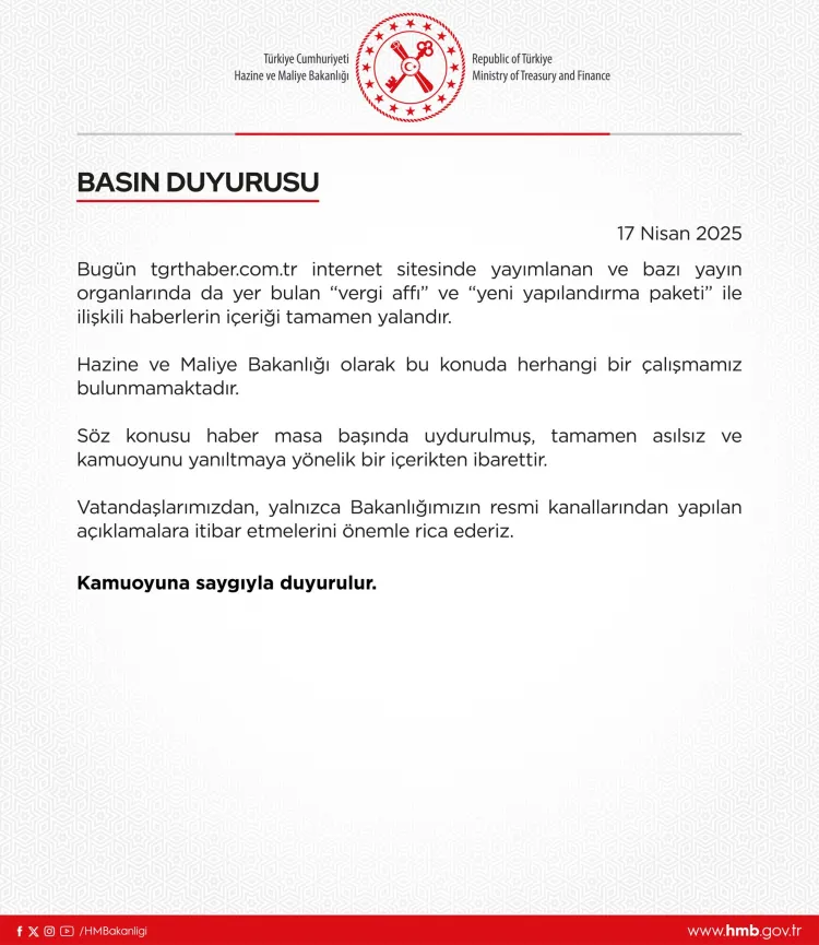 Bakanlıktan 'vergi affı' ve 'yapılandırma' iddialarına yalanlama haberi