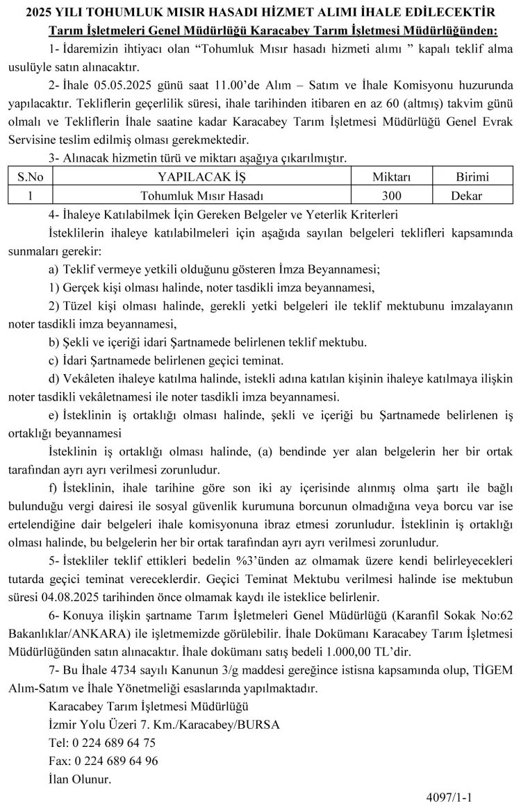 Karacabey TİGEM’den mısır hasadı ihalesi haberi