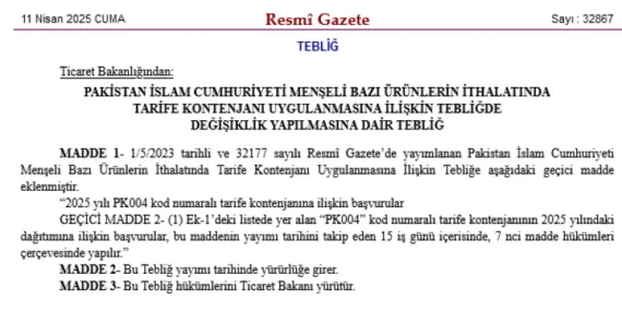 Pakistan ithalatında tarife kontenjanı için yeni düzenleme haberi