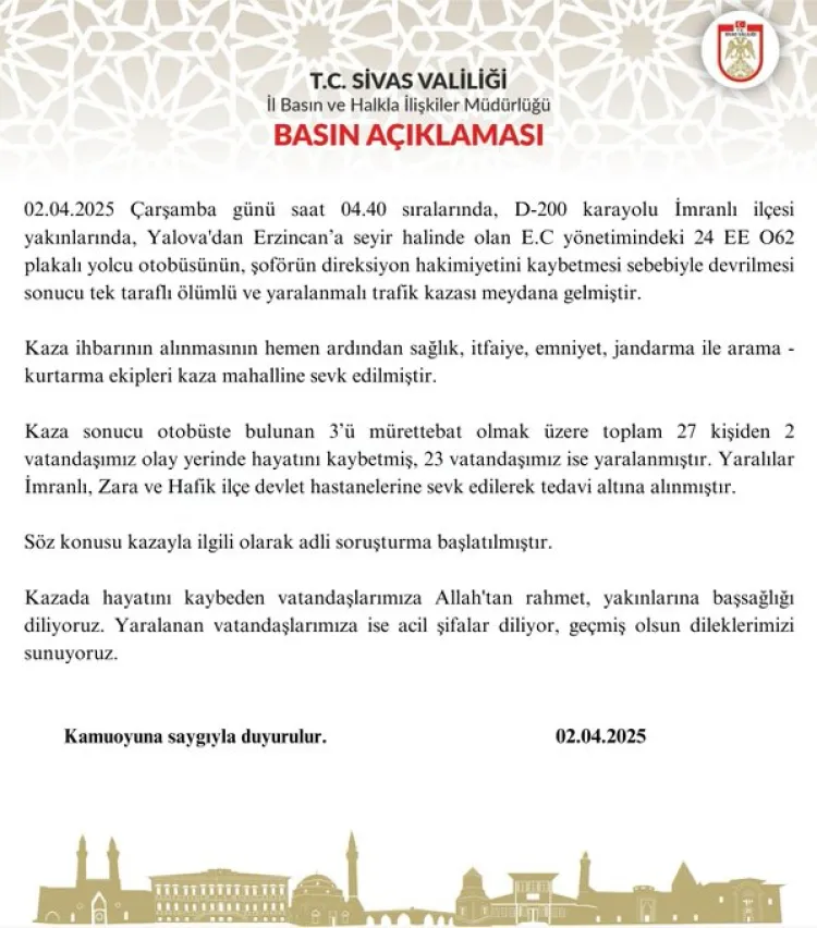 Sivas'ta otobüs devrildi: 2 ölü, 23 yaralı haberi