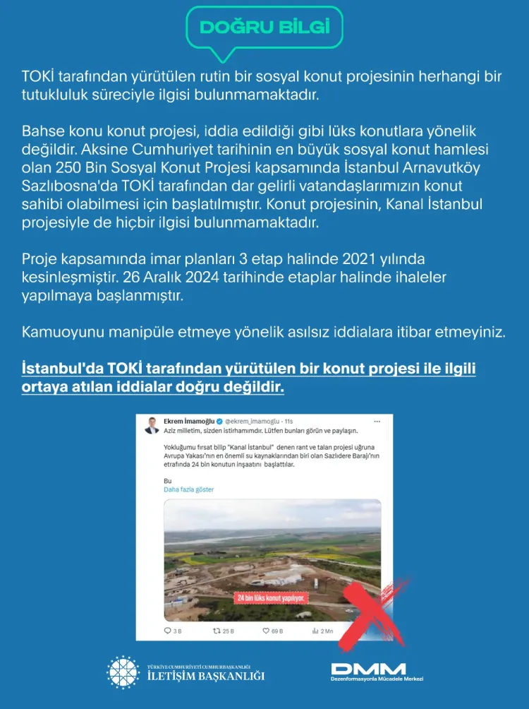 TOKİ'nin İstanbul Arnavutköy'deki konut projesi iddialarına yalanlama haberi