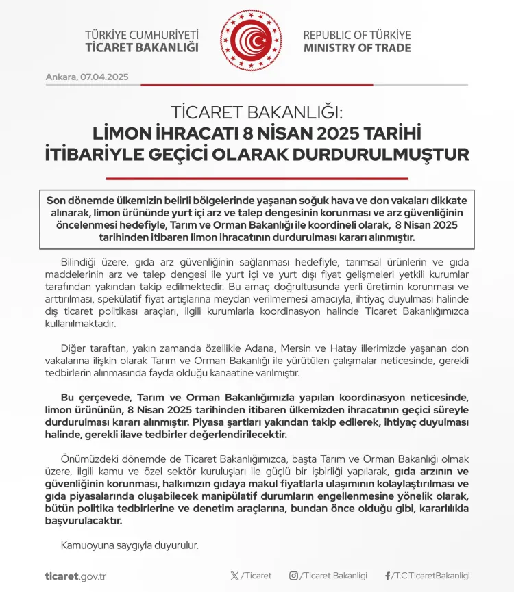 Ticaret'ten limon ihracatına geçici kısıtlama! haberi