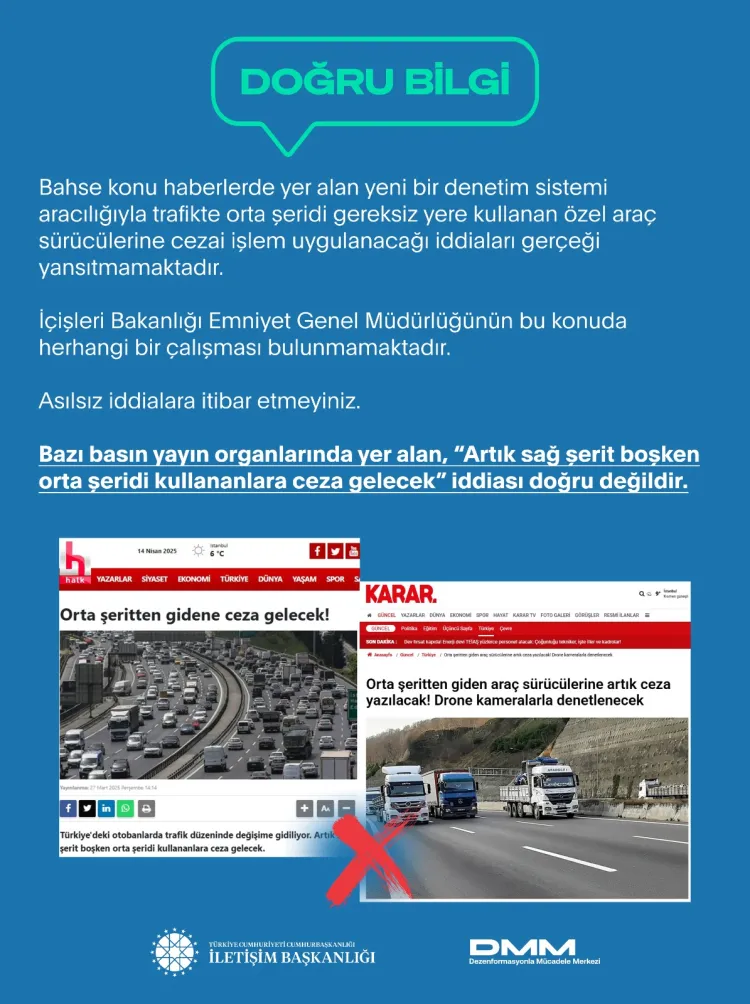 Trafikte 'orta şeride ceza' iddiaları asılsız haberi