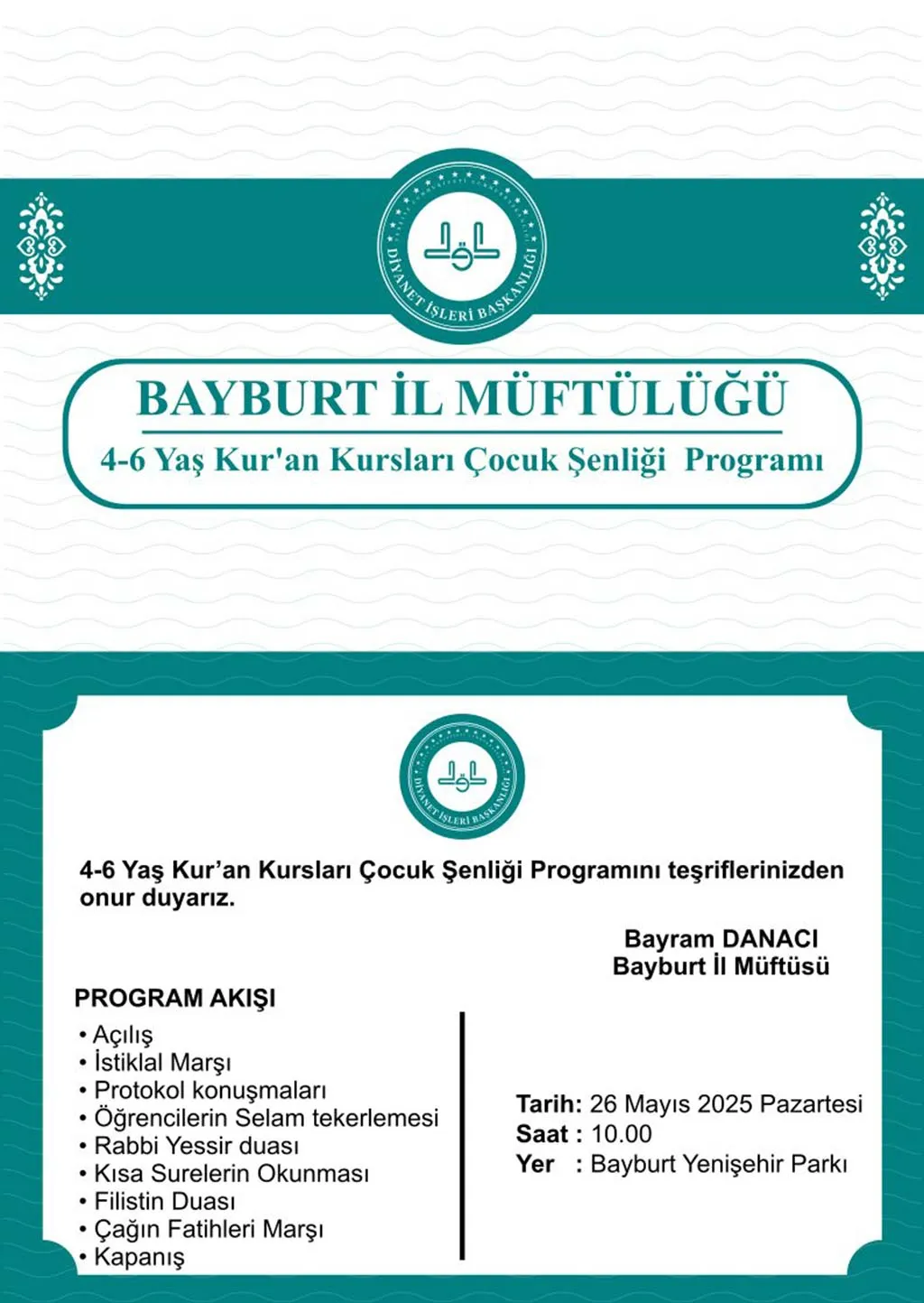 Bayburt İl Müftülüğü 4-6 Yaş Kur'an Kursları Çocuk Şenliği Programı Açıklandı Haberi