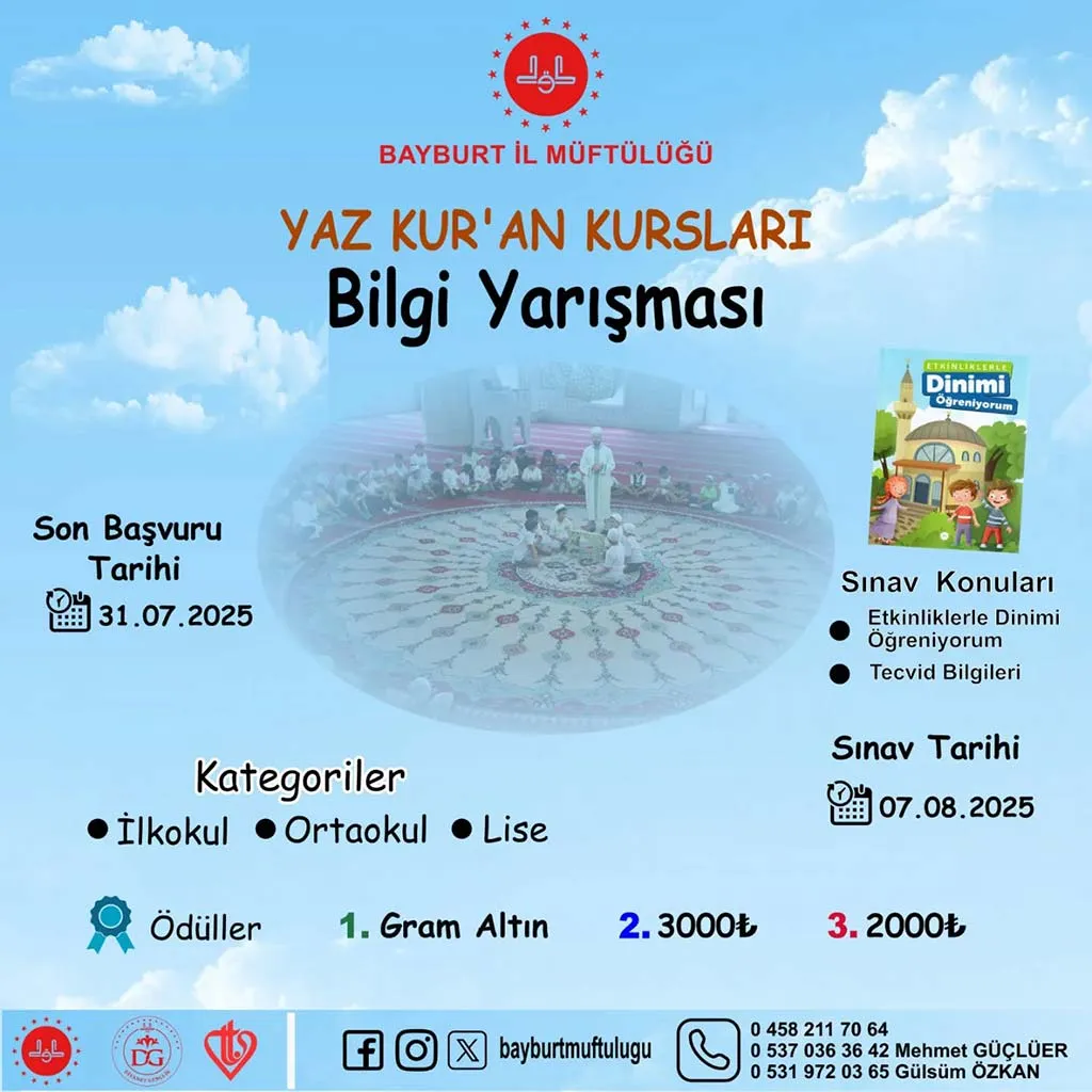 Bayburt Müftülüğü Yaz Kur'an Kursu Bilgi Yarışması Başvuruları Başladı! Son Tarih 31 Temmuz!