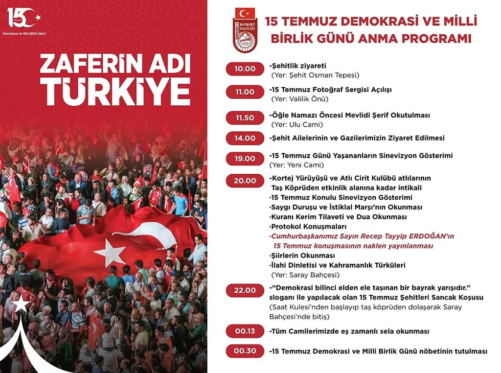 Destansı Direnişin Yıl Dönümü, Bayburt 15 Temmuz Programı Açıklandı!